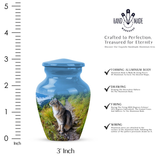 Serene Blue Cat Cremation Urn close-up of engraving and surface detail - elegant classic cat relief with fine detailing - mini keepsake memorial for portion of cremation ashes