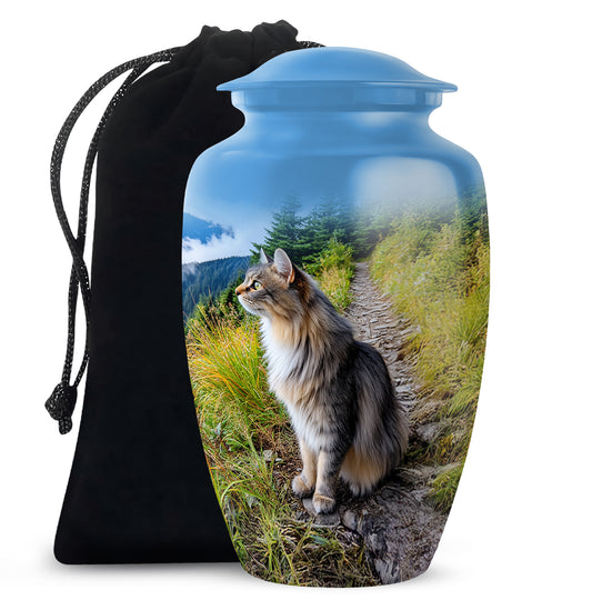 Calming Blue Cat Cremation Urn angled view of lid and engraved motif - traditional cat engraving with hand-polished finish - full-size 10 inch 200 cubic inch adult cremation urn
