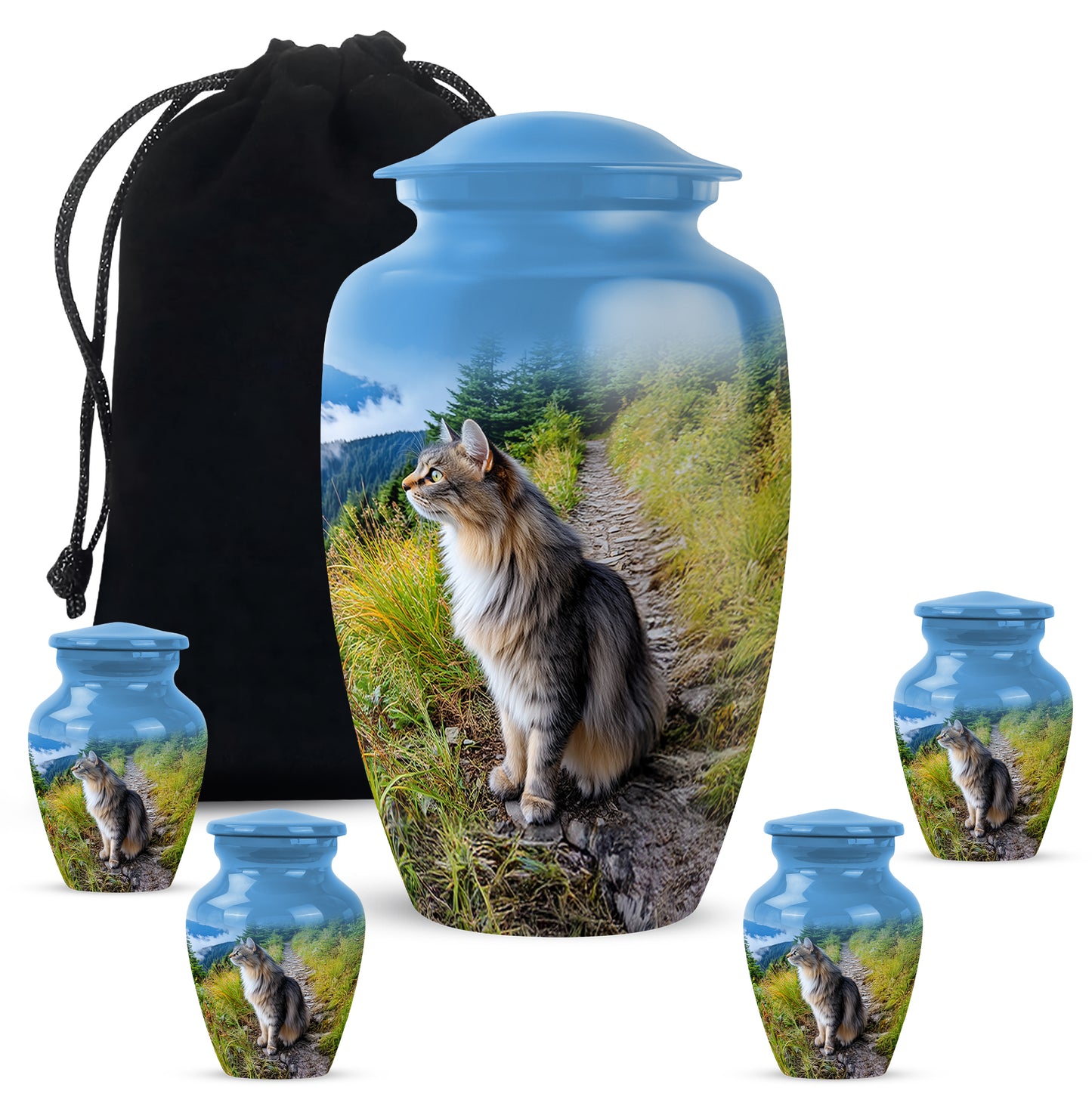 Vivid Blue Cat Cremation Urn top-down view of secure threaded lid - traditional cat engraving with hand-polished finish - memorial set with one large and four small urns