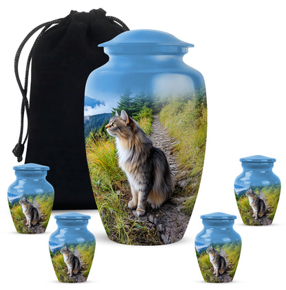 Vivid Blue Cat Cremation Urn top-down view of secure threaded lid - traditional cat engraving with hand-polished finish - memorial set with one large and four small urns
