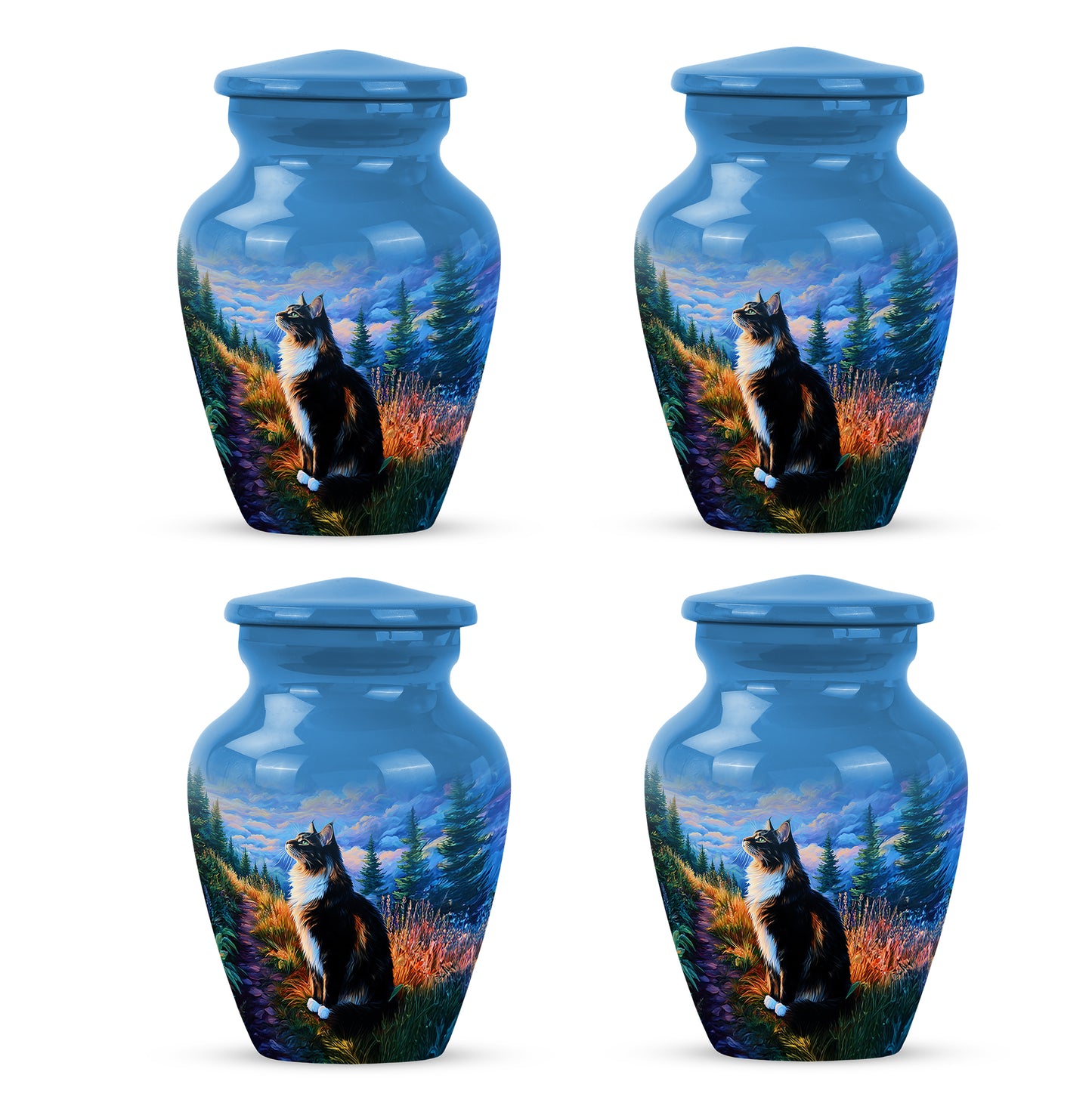 Misty Blue Cat Cremation Urn side profile showing urn shape - classic sculpted cat pattern on smooth aluminum - 10 inch aluminum urn for cremated remains