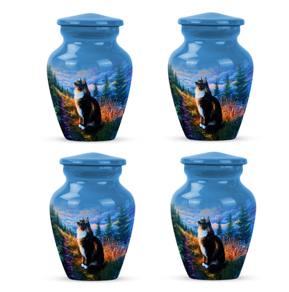 Misty Blue Cat Cremation Urn side profile showing urn shape - classic sculpted cat pattern on smooth aluminum - 10 inch aluminum urn for cremated remains