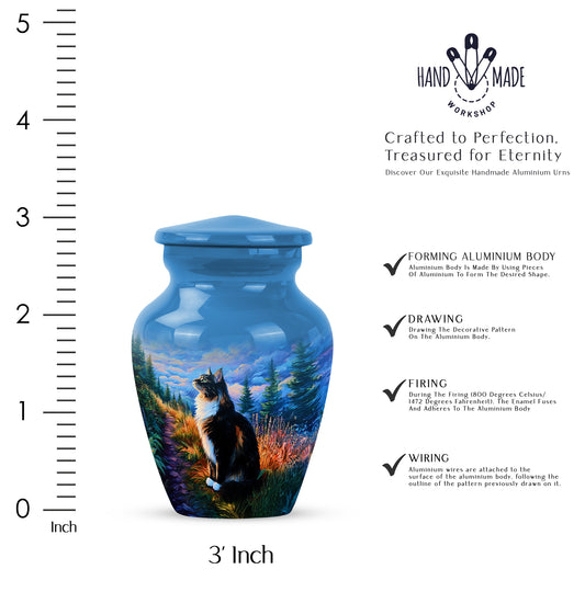 Azure Cat Cremation Urn close-up of engraving and surface detail - classic sculpted cat pattern on smooth aluminum - mini keepsake memorial for portion of cremation ashes