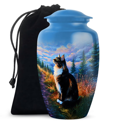 Powder Blue Cat Cremation Urn angled view of lid and engraved motif - classic sculpted cat pattern on smooth aluminum - full-size 10 inch 200 cubic inch adult cremation urn
