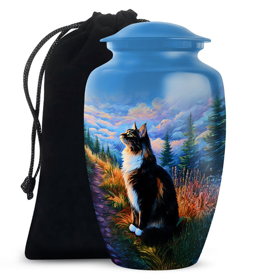 Powder Blue Cat Cremation Urn angled view of lid and engraved motif - classic sculpted cat pattern on smooth aluminum - full-size 10 inch 200 cubic inch adult cremation urn