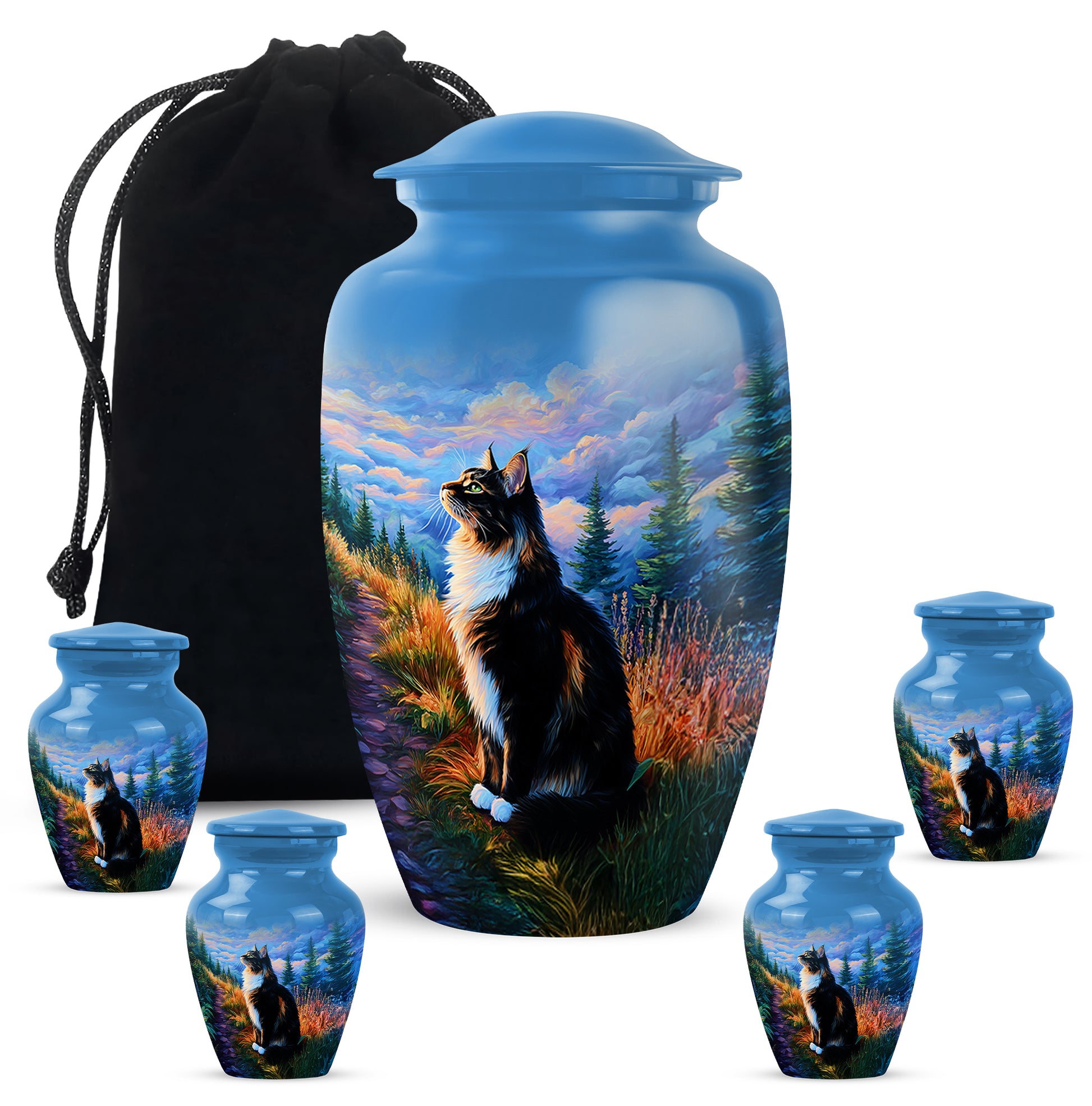 Calming Blue Cat Cremation Urn top-down view of secure threaded lid - traditional cat engraving with hand-polished finish - memorial set with one large and four small urns