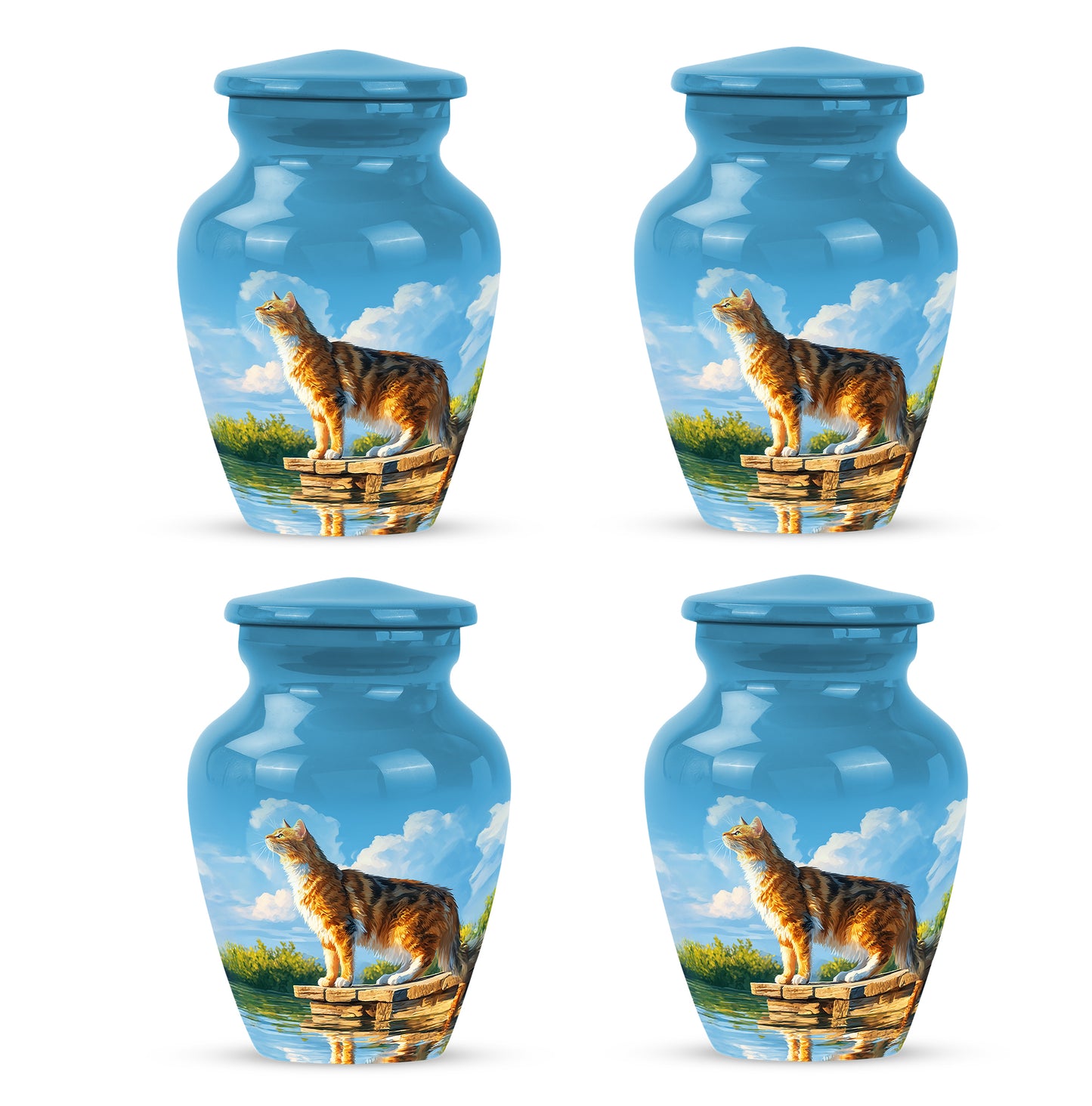 Indigo Cat Cremation Urn side profile showing urn shape - classic sculpted cat pattern on smooth aluminum - 10 inch aluminum urn for cremated remains