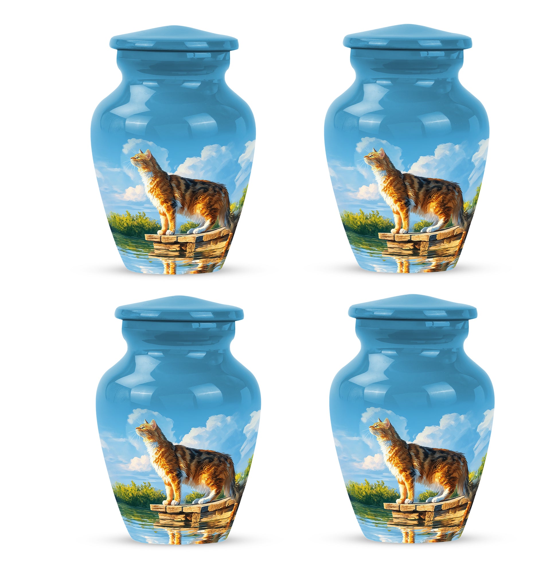 Indigo Cat Cremation Urn side profile showing urn shape - classic sculpted cat pattern on smooth aluminum - 10 inch aluminum urn for cremated remains