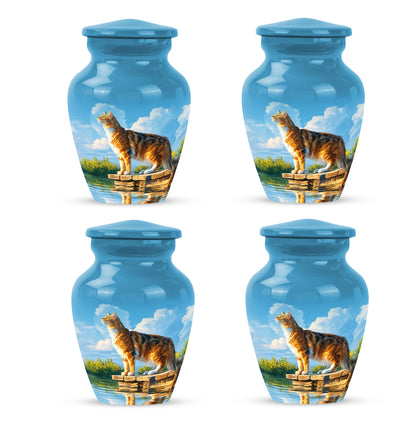 Indigo Cat Cremation Urn side profile showing urn shape - classic sculpted cat pattern on smooth aluminum - 10 inch aluminum urn for cremated remains