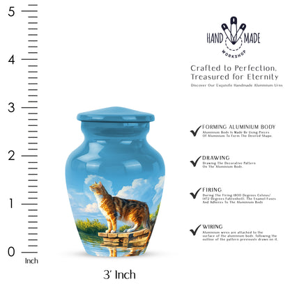 Steel Blue Cat Cremation Urn close-up of engraving and surface detail - traditional cat engraving with hand-polished finish - mini keepsake memorial for portion of cremation ashes