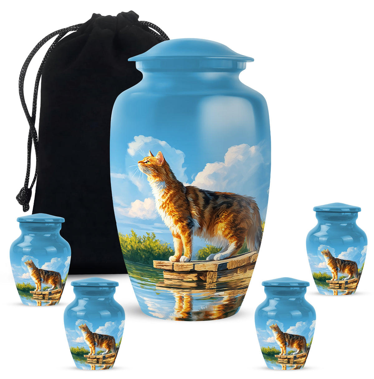 Vivid Blue Cat Cremation Urn top-down view of secure threaded lid - elegant classic cat relief with fine detailing - memorial set with one large and four small urns