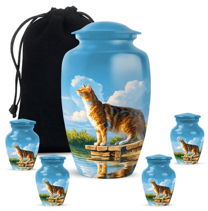 Vivid Blue Cat Cremation Urn top-down view of secure threaded lid - elegant classic cat relief with fine detailing - memorial set with one large and four small urns