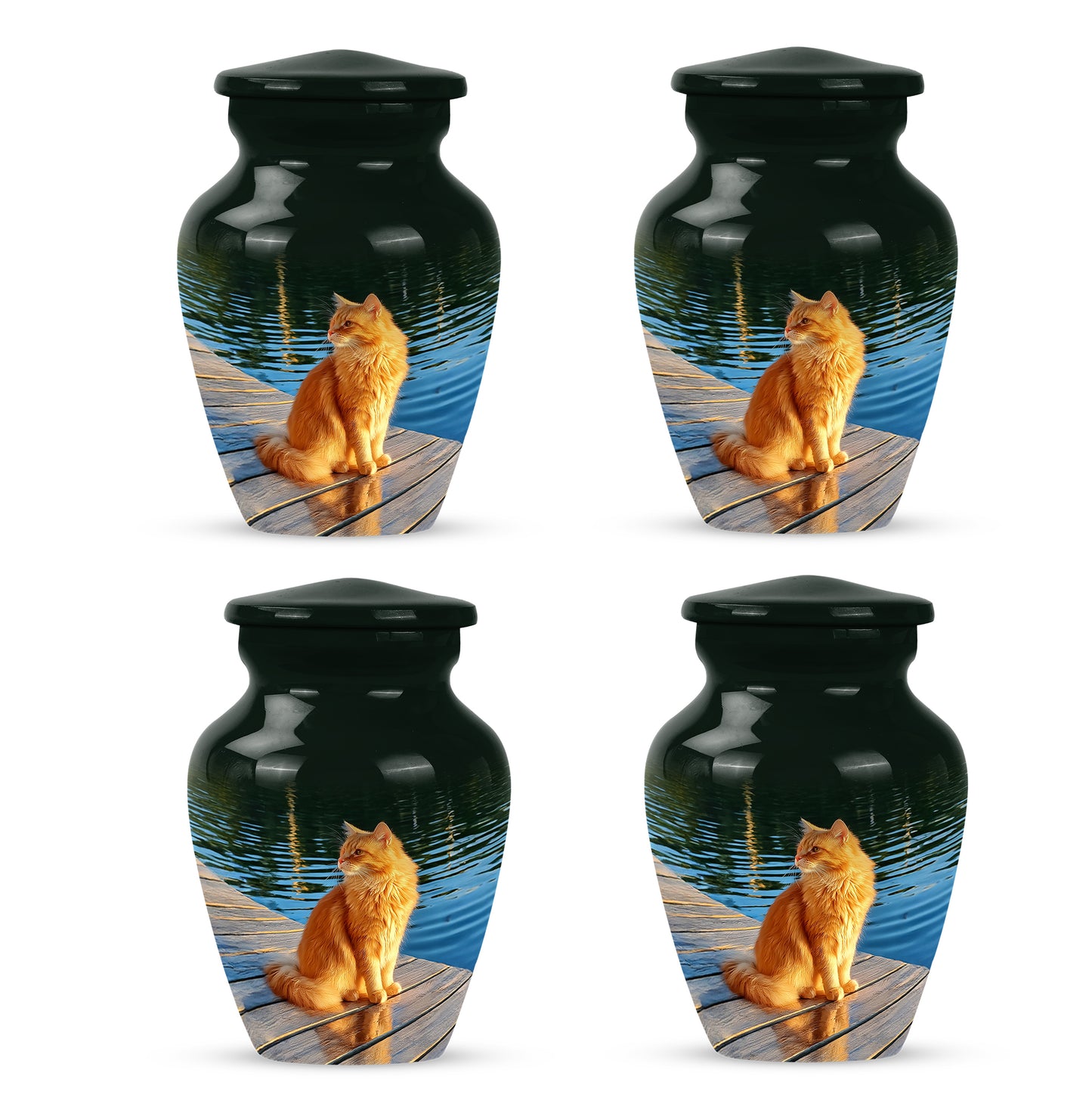 Emerald Green Cat Cremation Urn side profile showing urn shape - classic sculpted cat pattern on smooth aluminum - 10 inch aluminum urn for cremated remains