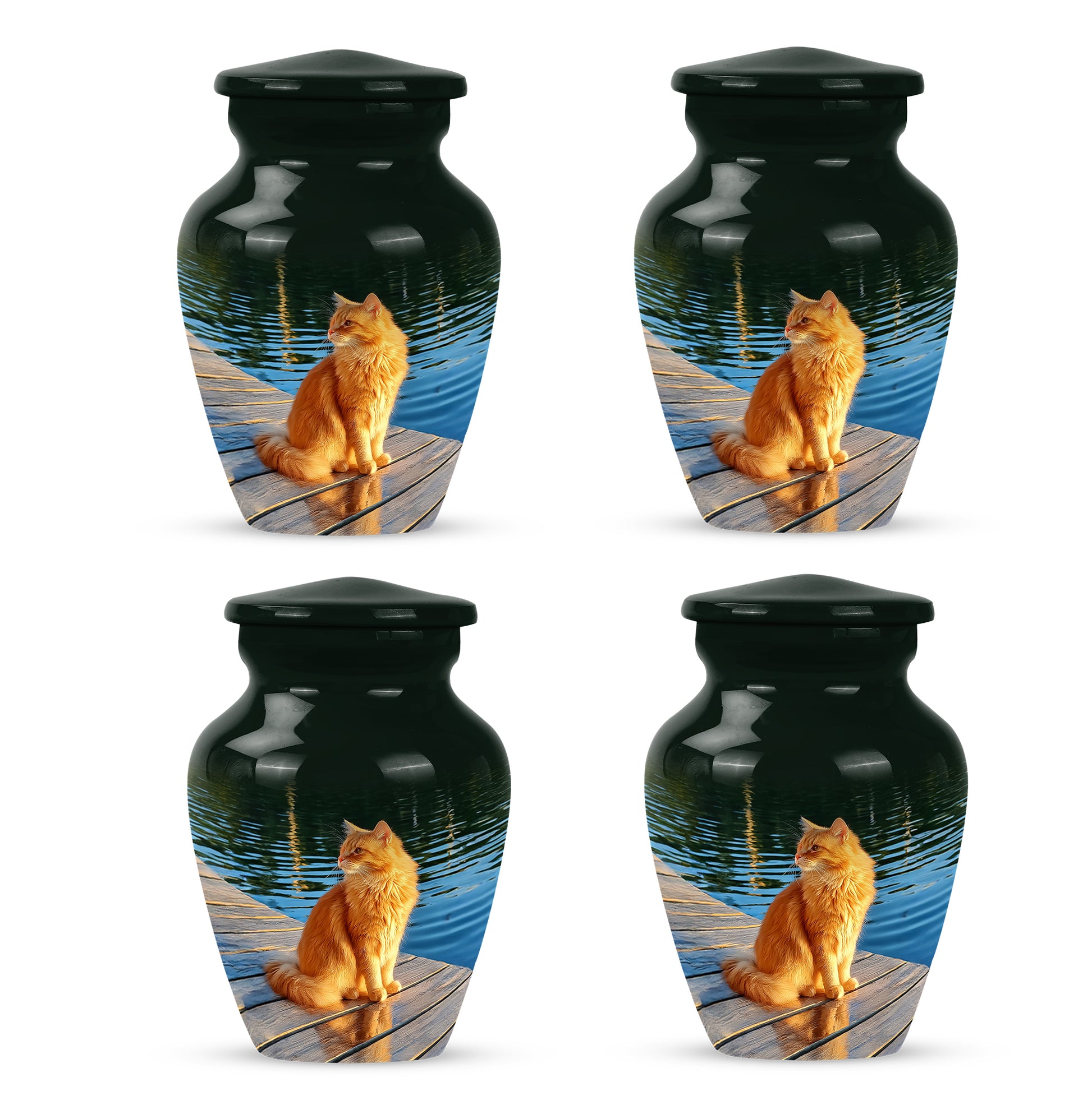 Emerald Green Cat Cremation Urn side profile showing urn shape - classic sculpted cat pattern on smooth aluminum - 10 inch aluminum urn for cremated remains