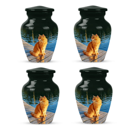 Emerald Green Cat Cremation Urn side profile showing urn shape - classic sculpted cat pattern on smooth aluminum - 10 inch aluminum urn for cremated remains