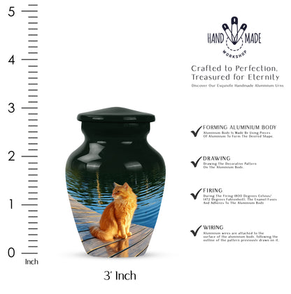 Jade Green Cat Cremation Urn close-up of engraving and surface detail - timeless cat motif etched into premium metal - mini keepsake memorial for portion of cremation ashes