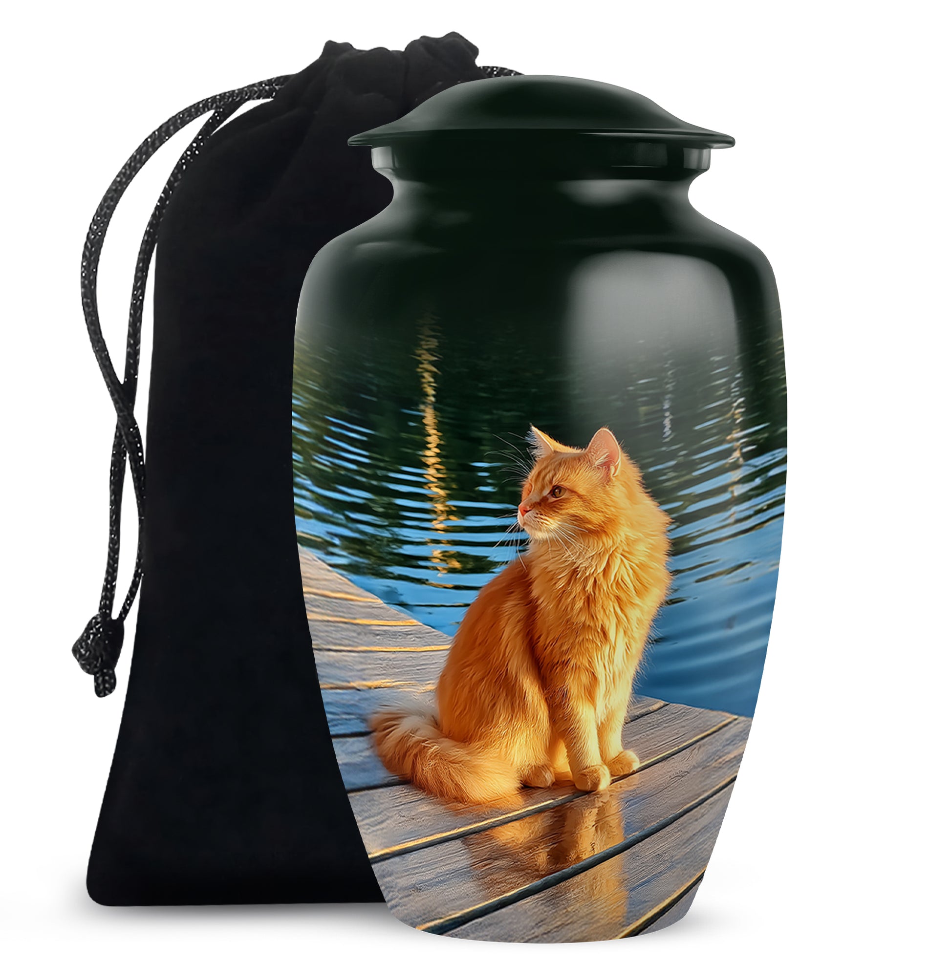 Forest Green Cat Cremation Urn angled view of lid and engraved motif - elegant classic cat relief with fine detailing - full-size 10 inch 200 cubic inch adult cremation urn
