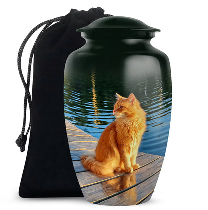 Forest Green Cat Cremation Urn angled view of lid and engraved motif - elegant classic cat relief with fine detailing - full-size 10 inch 200 cubic inch adult cremation urn
