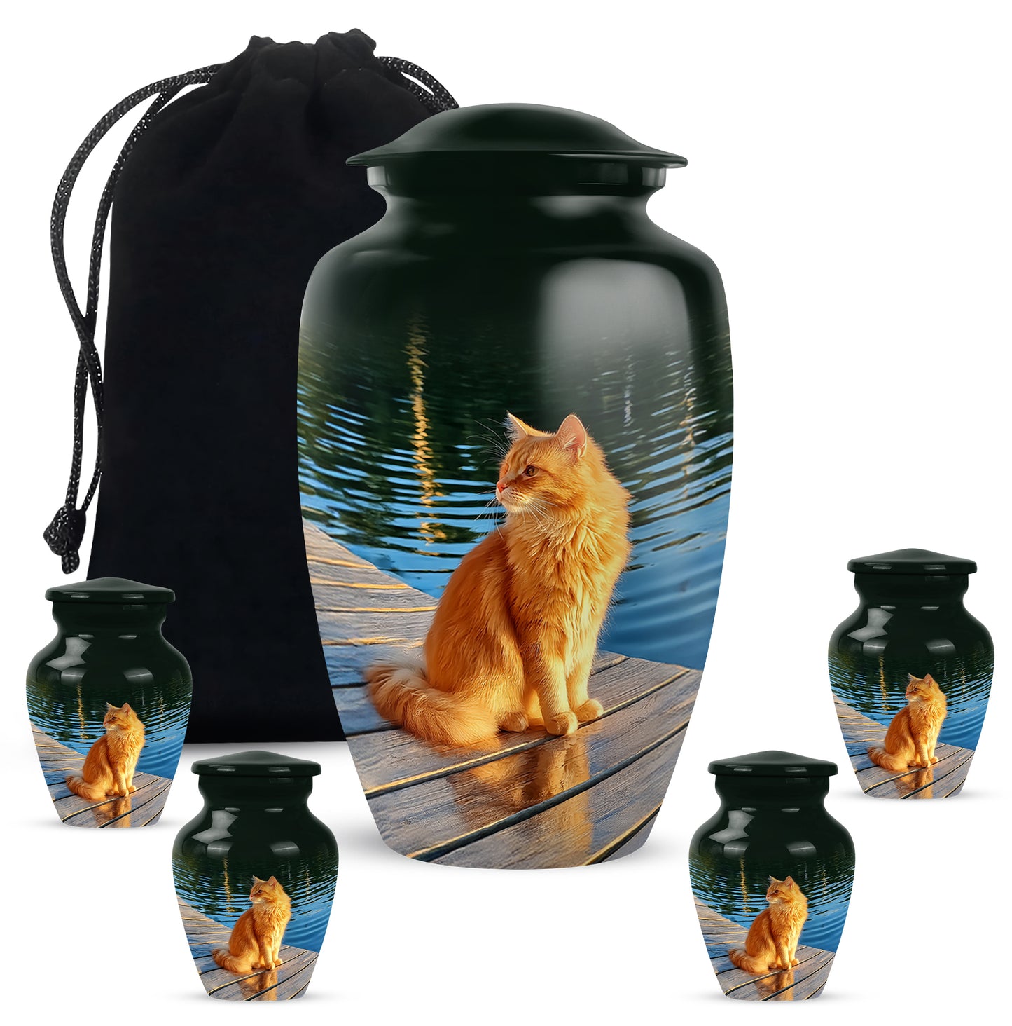 Jade Green Cat Cremation Urn top-down view of secure threaded lid - classic sculpted cat pattern on smooth aluminum - memorial set with one large and four small urns