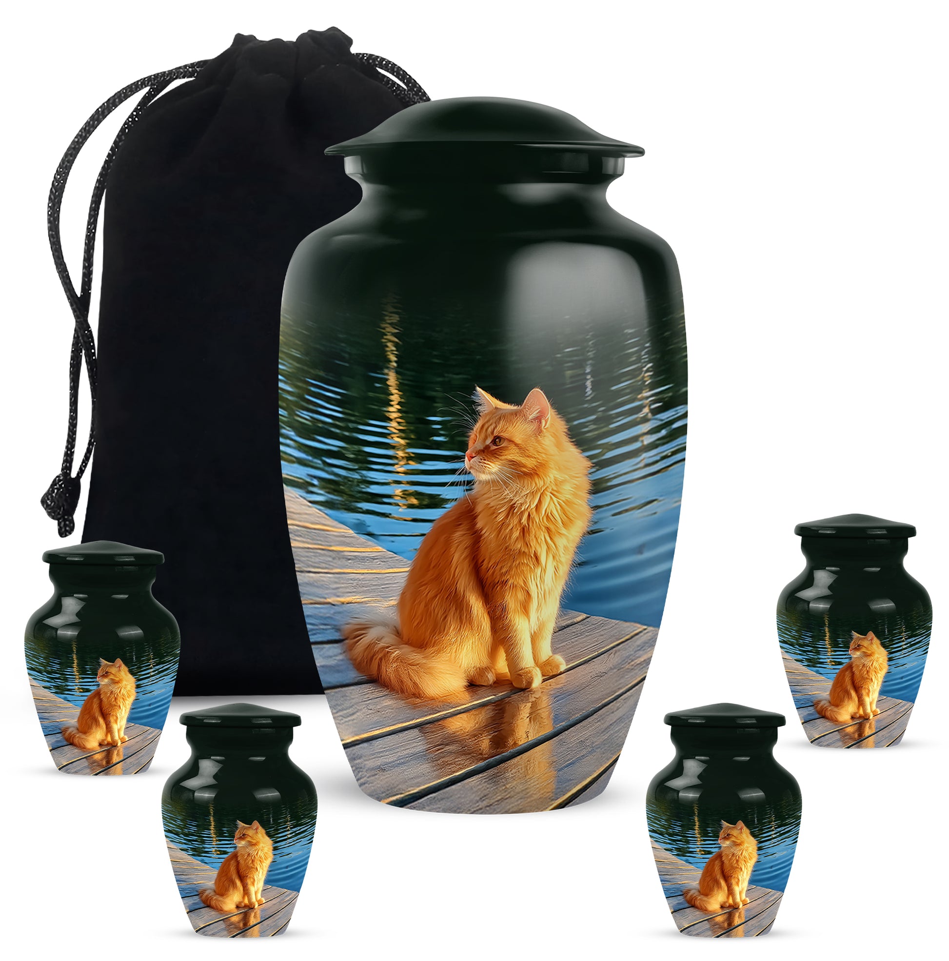 Jade Green Cat Cremation Urn top-down view of secure threaded lid - classic sculpted cat pattern on smooth aluminum - memorial set with one large and four small urns