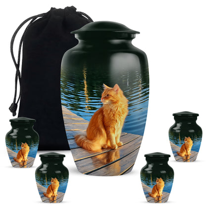 Jade Green Cat Cremation Urn top-down view of secure threaded lid - classic sculpted cat pattern on smooth aluminum - memorial set with one large and four small urns