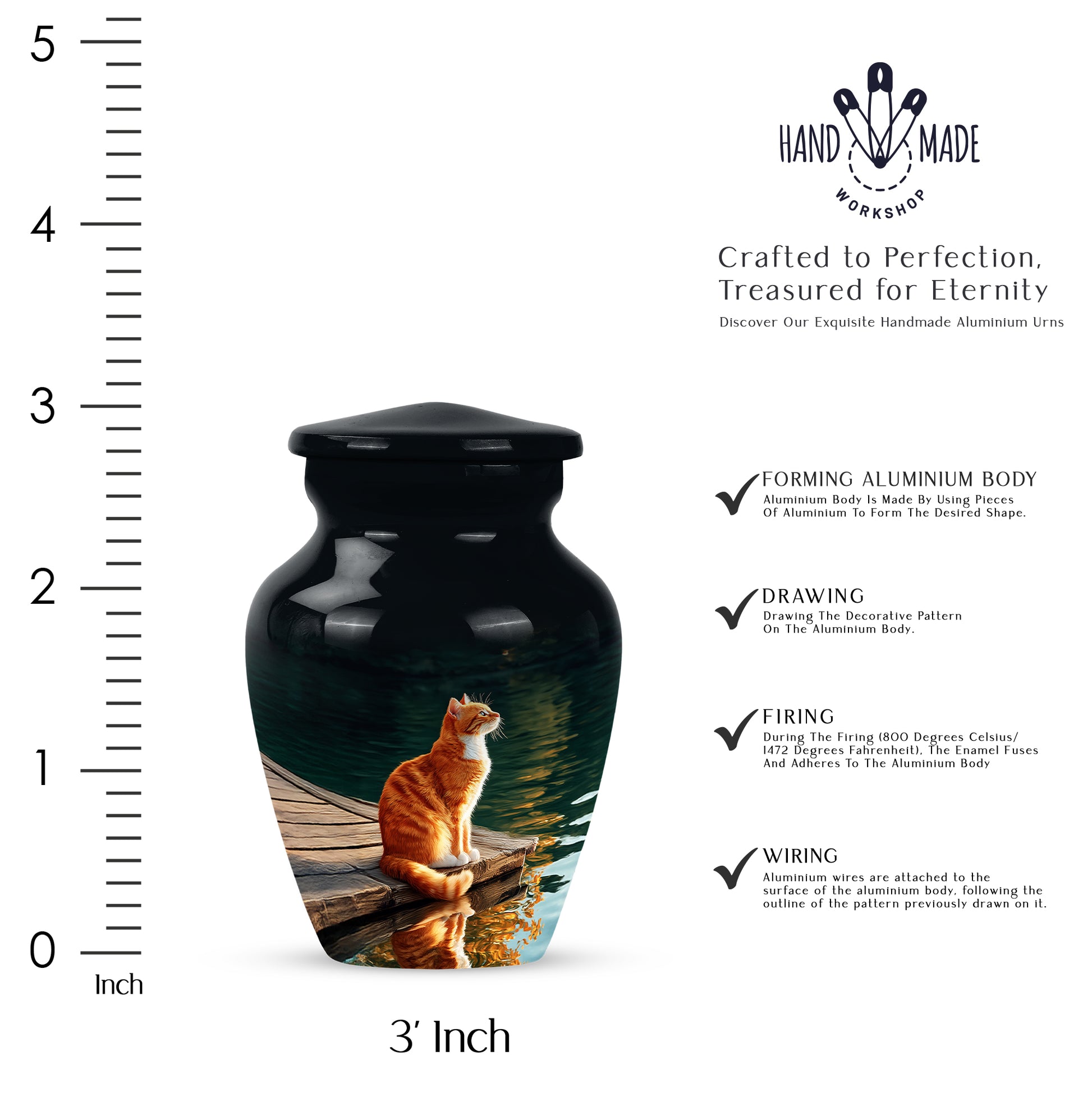 Onyx Black Cat Cremation Urn close-up of engraving and surface detail - elegant classic cat relief with fine detailing - mini keepsake memorial for portion of cremation ashes