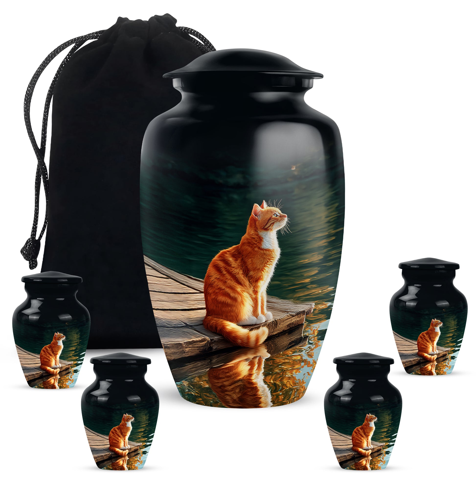 Obsidian Black Cat Cremation Urn top-down view of secure threaded lid - elegant classic cat relief with fine detailing - memorial set with one large and four small urns