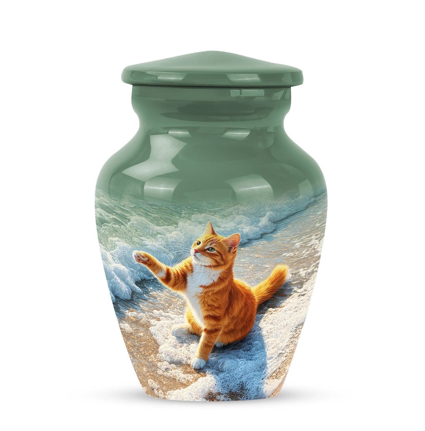 Personalized Green Cat Cremation Urns for Ashes - Transcendent 10-inch - Yatskia
