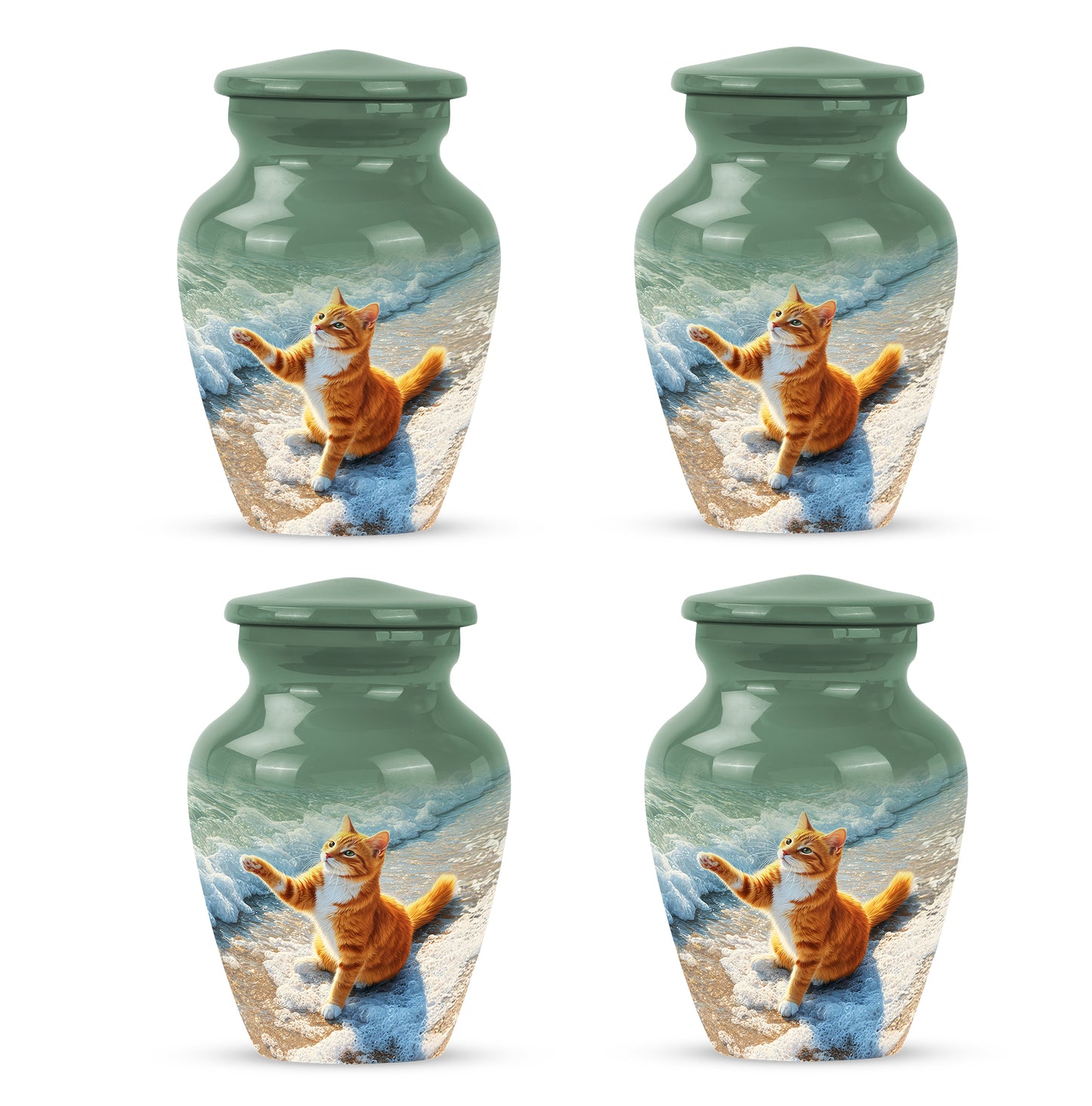 Sage Green Cat Cremation Urn side profile showing urn shape - timeless cat motif etched into premium metal - 10 inch aluminum urn for cremated remains