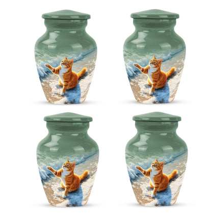 Sage Green Cat Cremation Urn side profile showing urn shape - timeless cat motif etched into premium metal - 10 inch aluminum urn for cremated remains