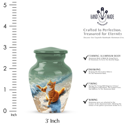 Sage Green Cat Cremation Urn close-up of engraving and surface detail - timeless cat motif etched into premium metal - mini keepsake memorial for portion of cremation ashes
