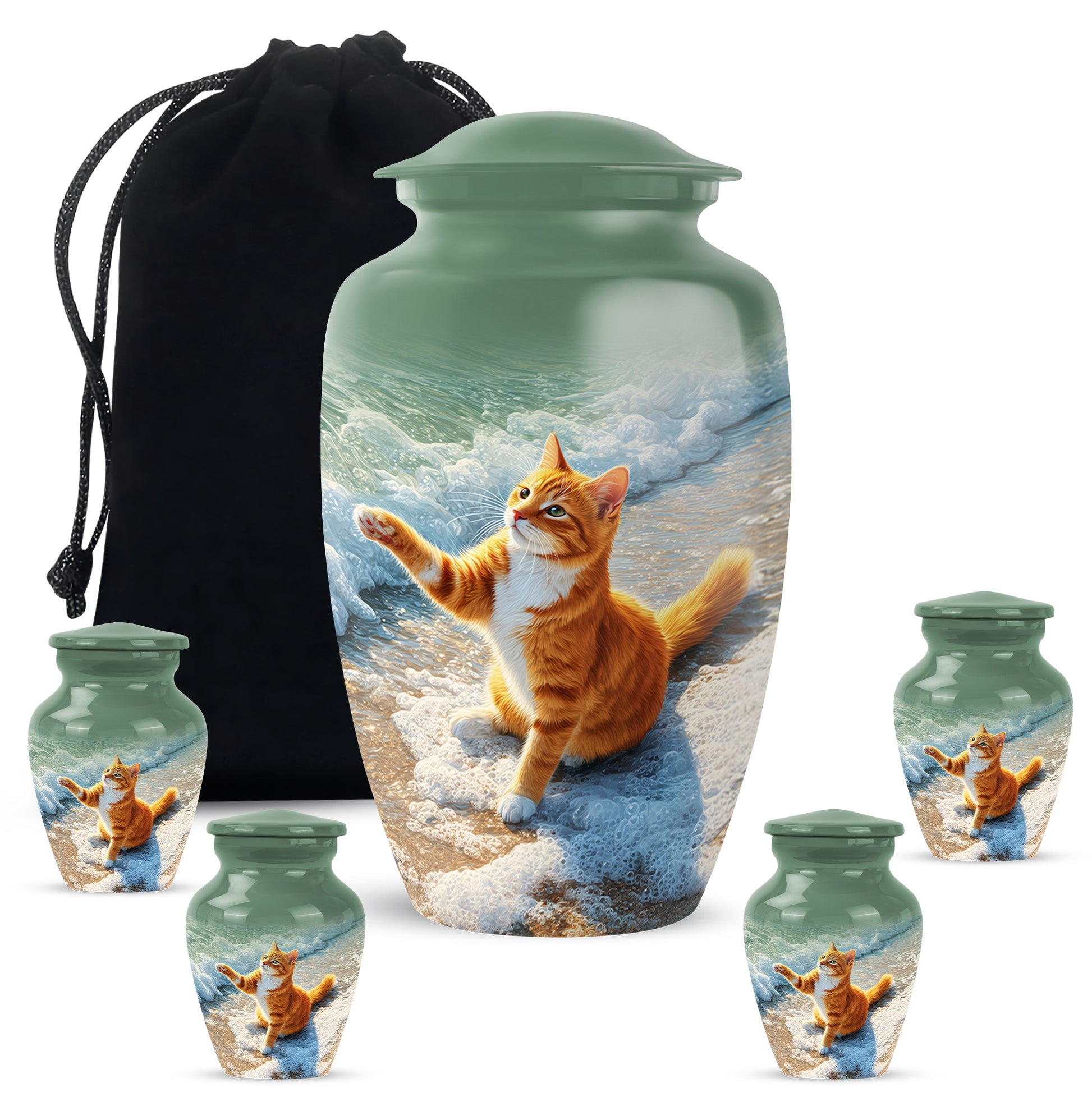 Hunter Green Cat Cremation Urn top-down view of secure threaded lid - elegant classic cat relief with fine detailing - memorial set with one large and four small urns