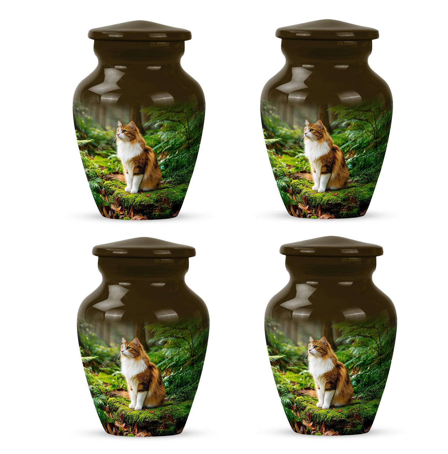 Matte Gold Cat Cremation Urn side profile showing urn shape - traditional cat engraving with hand-polished finish - 10 inch aluminum urn for cremated remains