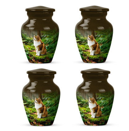 Matte Gold Cat Cremation Urn side profile showing urn shape - traditional cat engraving with hand-polished finish - 10 inch aluminum urn for cremated remains