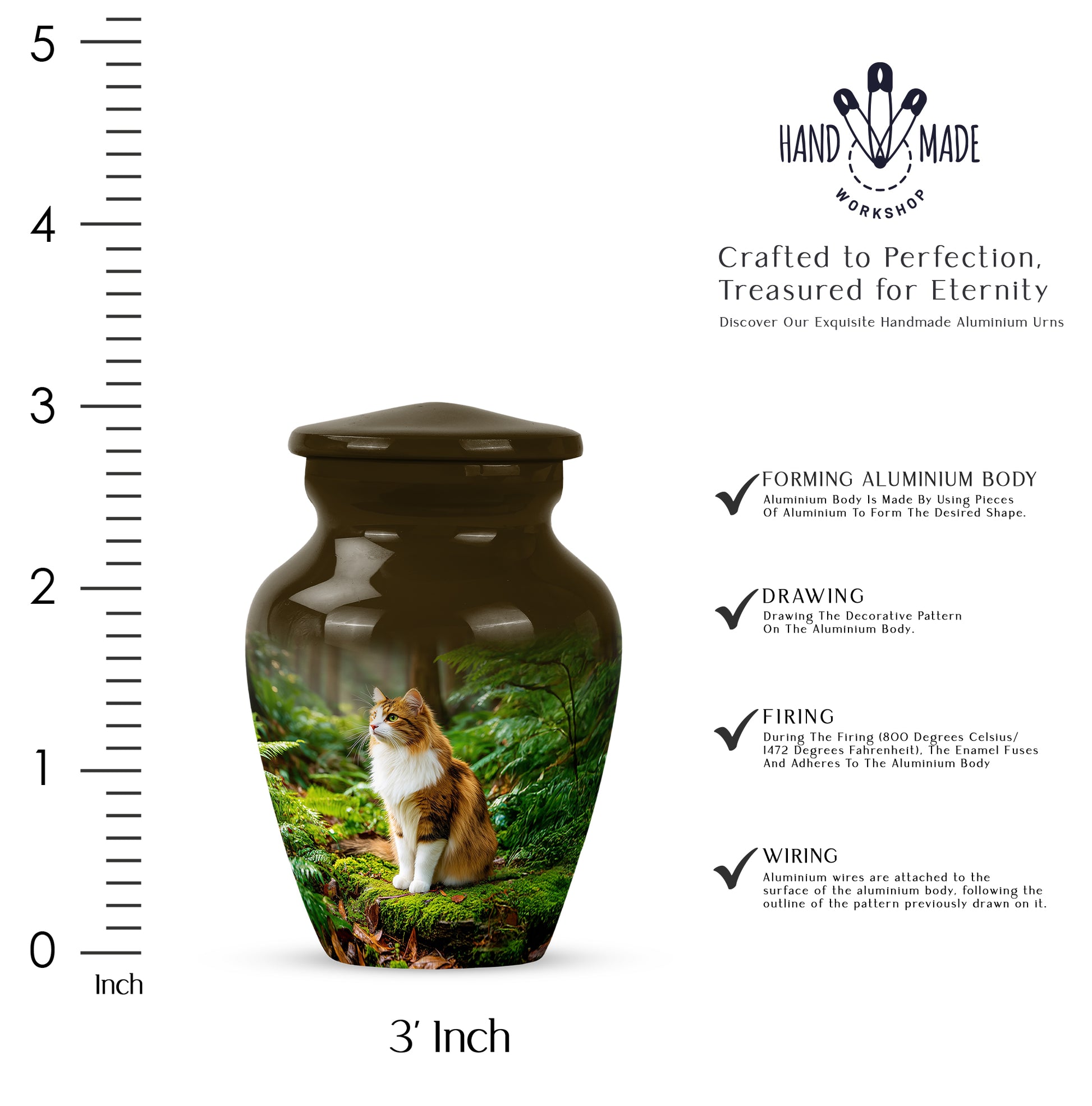Harvest Gold Cat Cremation Urn close-up of engraving and surface detail - elegant classic cat relief with fine detailing - mini keepsake memorial for portion of cremation ashes