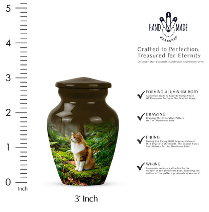 Harvest Gold Cat Cremation Urn close-up of engraving and surface detail - elegant classic cat relief with fine detailing - mini keepsake memorial for portion of cremation ashes
