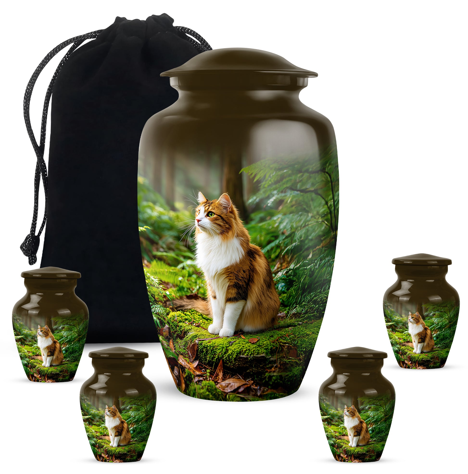 Amber Gold Cat Cremation Urn top-down view of secure threaded lid - timeless cat motif etched into premium metal - memorial set with one large and four small urns