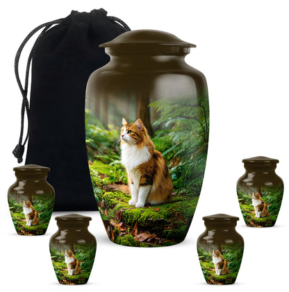 Amber Gold Cat Cremation Urn top-down view of secure threaded lid - timeless cat motif etched into premium metal - memorial set with one large and four small urns