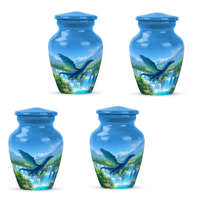 Vivid Blue Dragon Cremation Urn side profile showing urn shape - elegant classic dragon relief with fine detailing - 10 inch aluminum urn for cremated remains