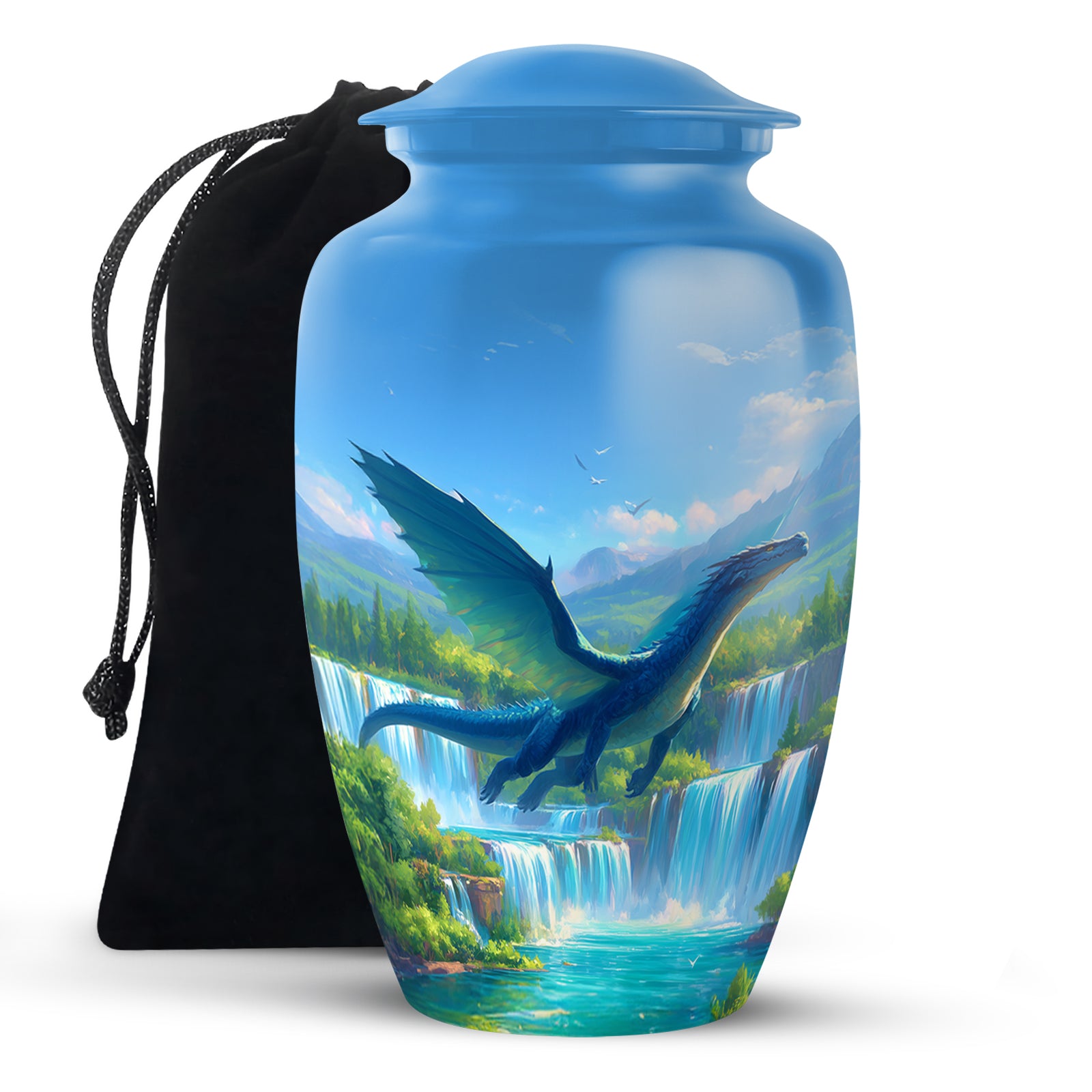 Navy Blue Dragon Cremation Urn angled view of lid and engraved motif - timeless dragon motif etched into premium metal - full-size 10 inch 200 cubic inch adult cremation urn