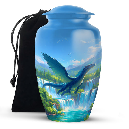 Navy Blue Dragon Cremation Urn angled view of lid and engraved motif - timeless dragon motif etched into premium metal - full-size 10 inch 200 cubic inch adult cremation urn