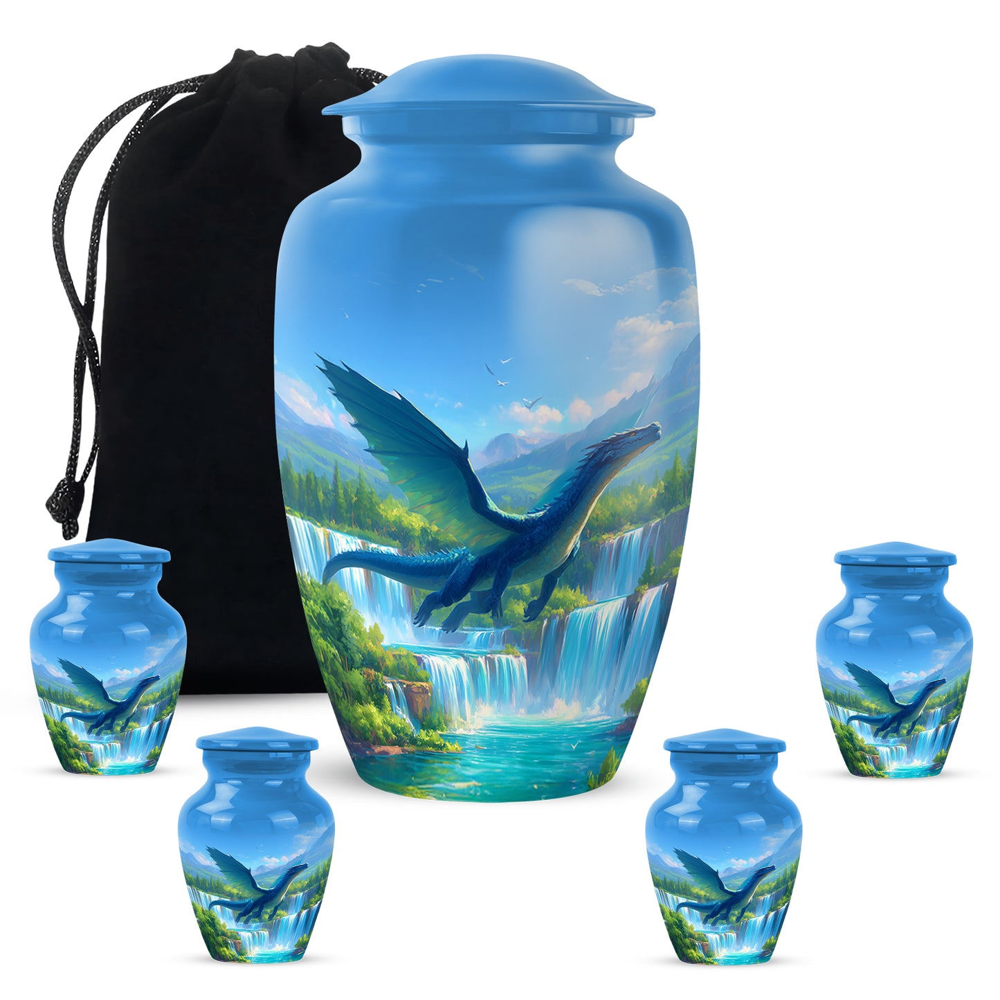 Twilight Blue Dragon Cremation Urn top-down view of secure threaded lid - elegant classic dragon relief with fine detailing - memorial set with one large and four small urns