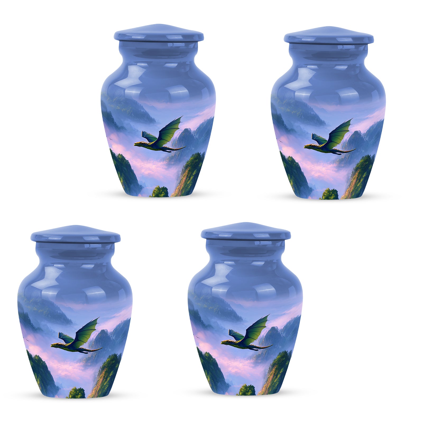 Steel Blue Dragon Cremation Urn side profile showing urn shape - elegant classic dragon relief with fine detailing - 10 inch aluminum urn for cremated remains