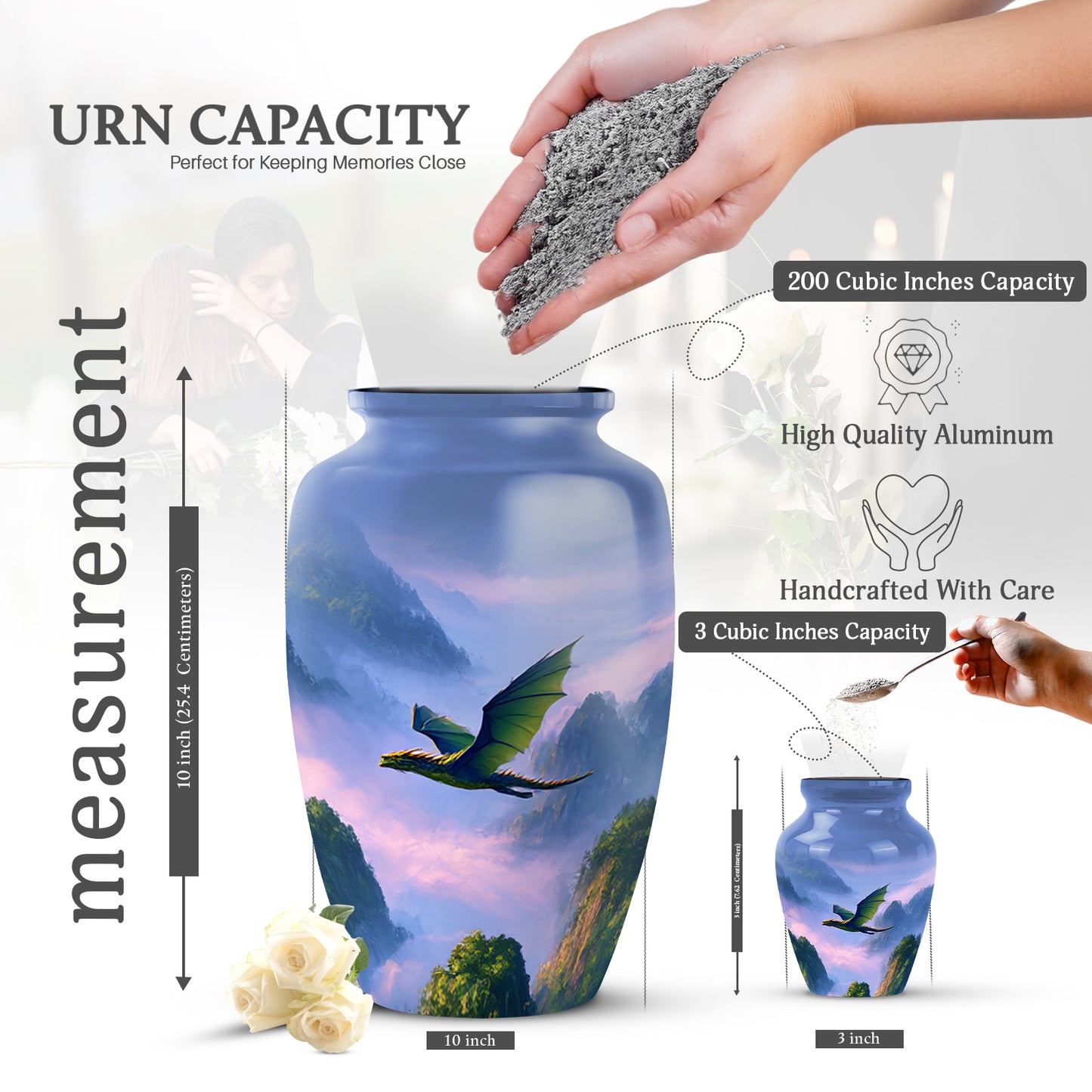 Slate Blue Dragon Cremation Urn close-up of engraving and surface detail - timeless dragon motif etched into premium metal - mini keepsake memorial for portion of cremation ashes