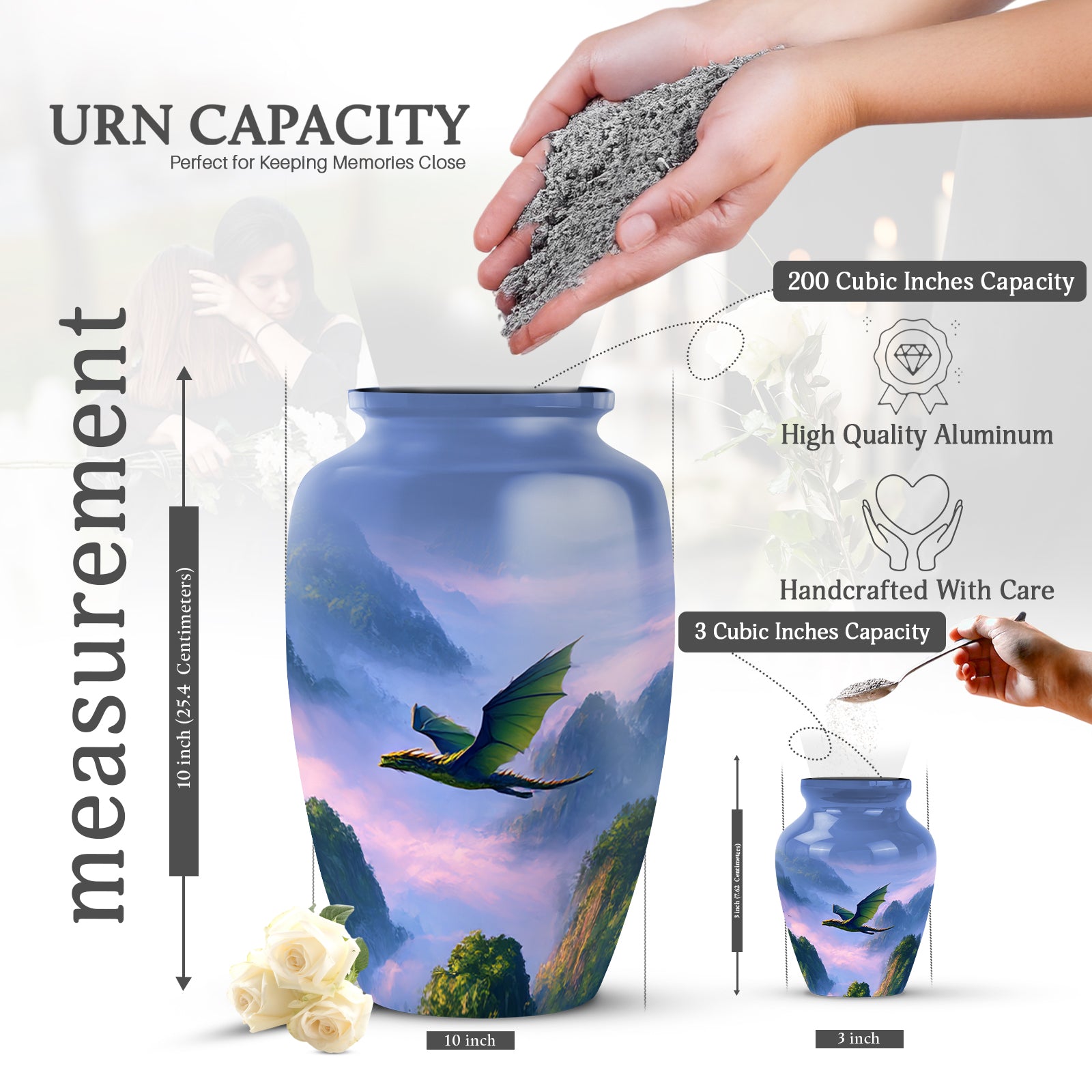 Slate Blue Dragon Cremation Urn close-up of engraving and surface detail - timeless dragon motif etched into premium metal - mini keepsake memorial for portion of cremation ashes