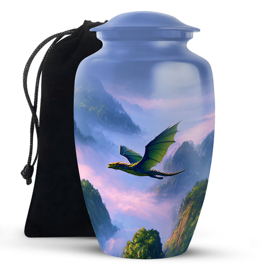 Misty Blue Dragon Cremation Urn angled view of lid and engraved motif - classic sculpted dragon pattern on smooth aluminum - full-size 10 inch 200 cubic inch adult cremation urn