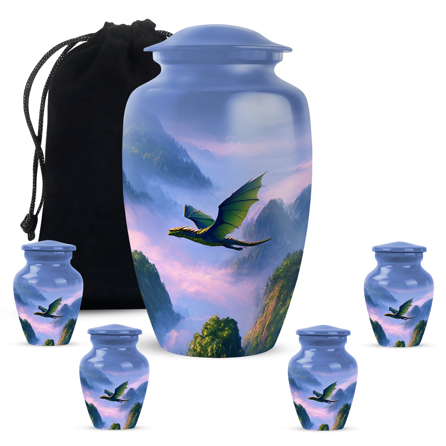 Cobalt Blue Dragon Cremation Urn top-down view of secure threaded lid - traditional dragon engraving with hand-polished finish - memorial set with one large and four small urns