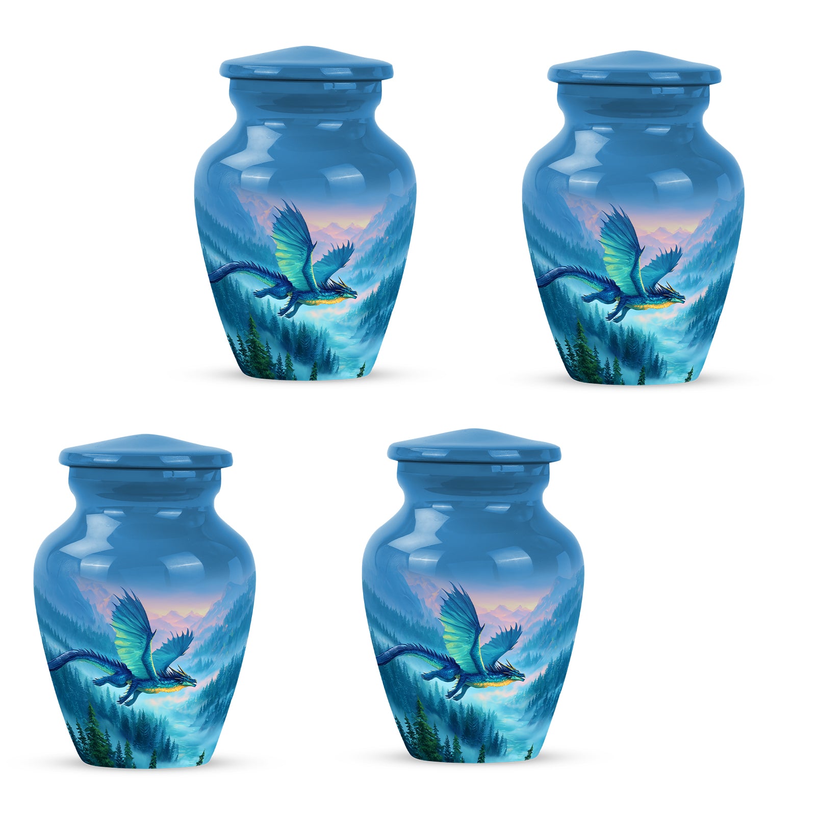 Sky Blue Dragon Cremation Urn side profile showing urn shape - timeless dragon motif etched into premium metal - 10 inch aluminum urn for cremated remains