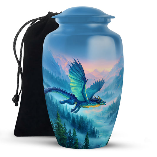 Cobalt Blue Dragon Cremation Urn angled view of lid and engraved motif - traditional dragon engraving with hand-polished finish - full-size 10 inch 200 cubic inch adult cremation urn
