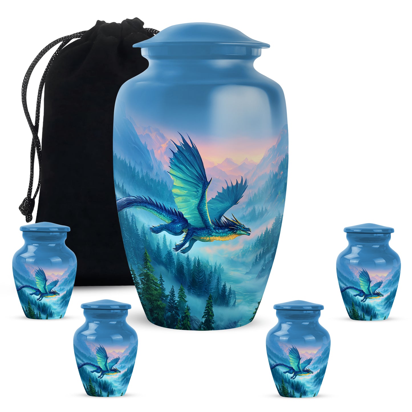 Pastel Blue Dragon Cremation Urn top-down view of secure threaded lid - classic sculpted dragon pattern on smooth aluminum - memorial set with one large and four small urns